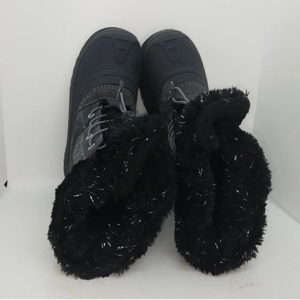 Totes Girls Pre-owned Black/Gray Waterproof Faux Fur Lined Winter Boots - sz. 4